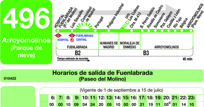 Tabla de horarios y frecuencias de paso en sentido ida Línea 496: Leganés (Parque Sur) - Moraleja de Enmedio - Arroyomolinos (Xanadú)