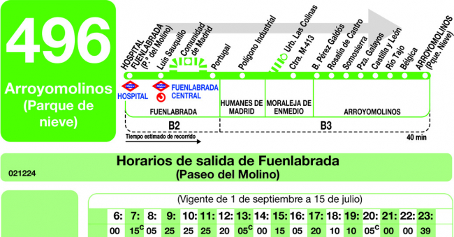 Tabla de horarios y frecuencias de paso en sentido ida Línea 496: Leganés (Parque Sur) - Moraleja de Enmedio - Arroyomolinos (Xanadú)