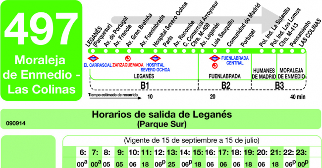 Tabla de horarios y frecuencias de paso en sentido ida Línea 497: Leganés (Parque Sur) - Moraleja de Enmedio (Las Colinas)
