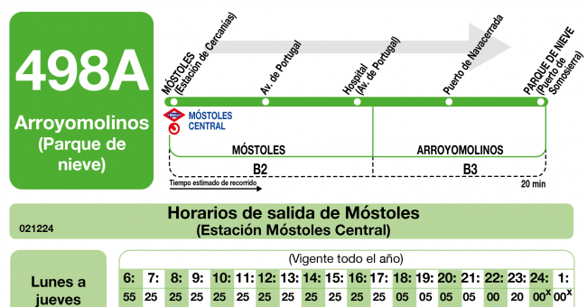 Tabla de horarios y frecuencias de paso en sentido ida Línea 498-A: Móstoles (Móstoles Central) - Arroyomolinos (Parque de Nieve)