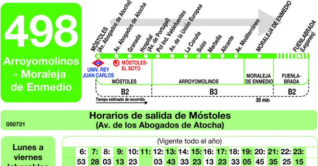 Tabla de horarios y frecuencias de paso en sentido ida Línea 498: Móstoles - Arroyomolinos - Moraleja de Enmedio - Fuenlabrada (Hospital)