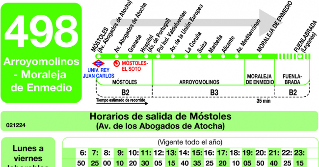 Tabla de horarios y frecuencias de paso en sentido ida Línea 498: Móstoles - Arroyomolinos - Moraleja de Enmedio - Fuenlabrada (Hospital)