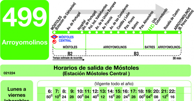 Tabla de horarios y frecuencias de paso en sentido ida Línea 499: Móstoles - Arroyomolinos