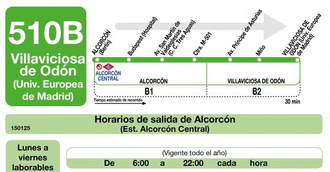 Tabla de horarios y frecuencias de paso en sentido ida Línea 510-B: Alcorcón (Alcorcón Central) - Villaviciosa de Odón (Universidad Europea)