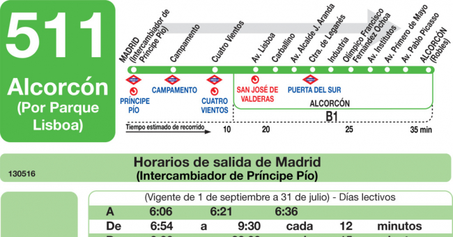 Tabla de horarios y frecuencias de paso en sentido ida Línea 511: Madrid (Príncipe Pío) - Alcorcón (Parque Lisboa)