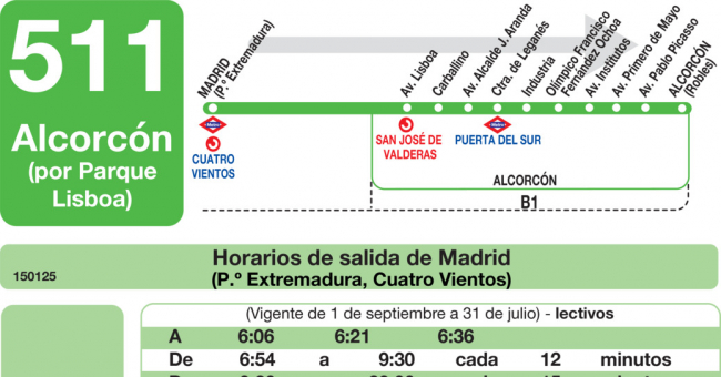 Tabla de horarios y frecuencias de paso en sentido ida Línea 511: Madrid (Príncipe Pío) - Alcorcón (Parque Lisboa)