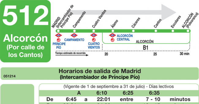 Tabla de horarios y frecuencias de paso en sentido ida Línea 512: Madrid (Príncipe Pío) - Alcorcón (Calle de los Cantos)