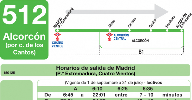 Tabla de horarios y frecuencias de paso en sentido ida Línea 512: Madrid (Príncipe Pío) - Alcorcón (Calle de los Cantos)