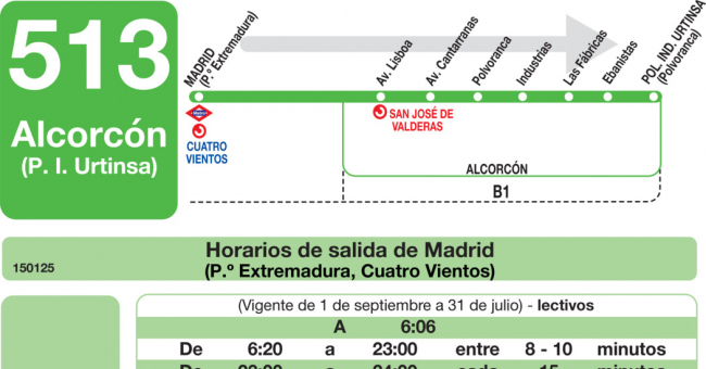 Tabla de horarios y frecuencias de paso en sentido ida Línea 513: Madrid (Príncipe Pío) - Alcorcón (Polígono Industrial Urtinsa)