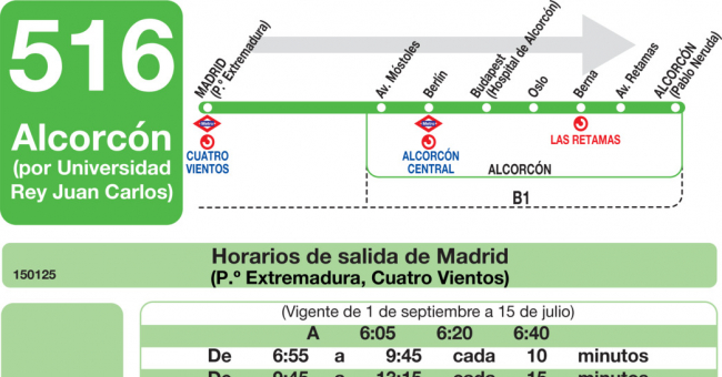 Tabla de horarios y frecuencias de paso en sentido ida Línea 516: Madrid (Príncipe Pío) - Alcorcón (Universidad Rey Juan Carlos)