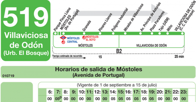 Tabla de horarios y frecuencias de paso en sentido ida Línea 519: Móstoles - Villaviciosa de Odón