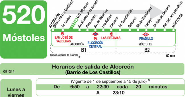 Tabla de horarios y frecuencias de paso en sentido ida Línea 520: Alcorcón - Móstoles