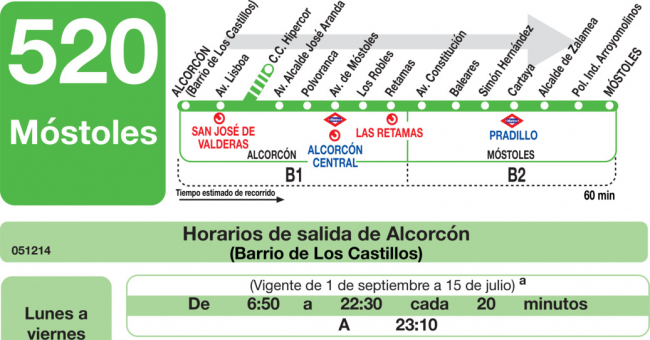 Tabla de horarios y frecuencias de paso en sentido ida Línea 520: Alcorcón - Móstoles