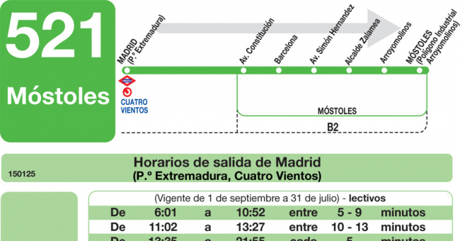 Tabla de horarios y frecuencias de paso en sentido ida Línea 521: Madrid (Príncipe Pío) - Móstoles