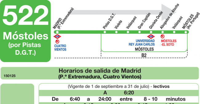 Tabla de horarios y frecuencias de paso en sentido ida Línea 522: Madrid (Príncipe Pío) - Móstoles (DGT)