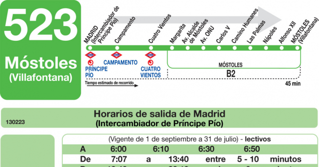 Tabla de horarios y frecuencias de paso en sentido ida Línea 523: Madrid (Príncipe Pío) - Móstoles (Villafontana)