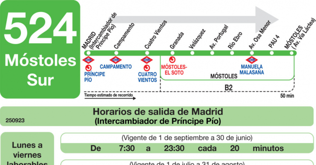 Tabla de horarios y frecuencias de paso en sentido ida Línea 524: Madrid (Príncipe Pío) - Móstoles Sur