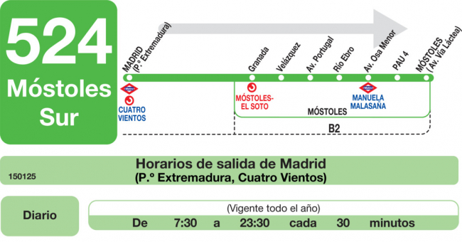 Tabla de horarios y frecuencias de paso en sentido ida Línea 524: Madrid (Príncipe Pío) - Móstoles Sur