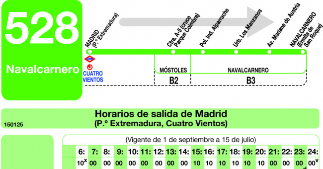 Tabla de horarios y frecuencias de paso en sentido ida Línea 528: Madrid (Príncipe Pío) - Navalcarnero