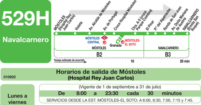 Tabla de horarios y frecuencias de paso en sentido ida Línea 529-H: Móstoles (Hospital) - Móstoles - Navalcarnero