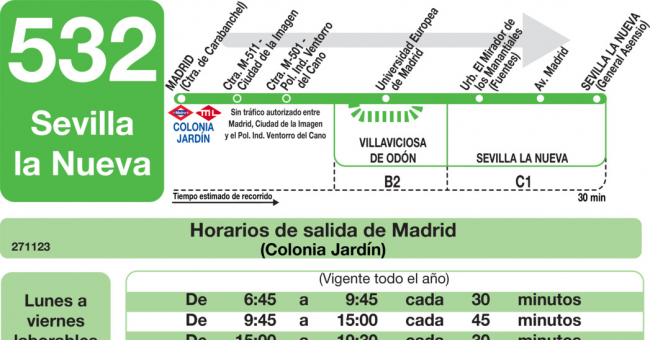 Tabla de horarios y frecuencias de paso en sentido ida Línea 532: Madrid (Colonia Jardín) - Sevilla la Nueva