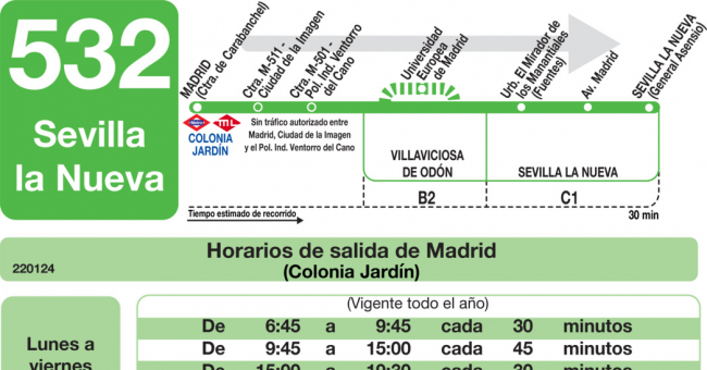 Tabla de horarios y frecuencias de paso en sentido ida Línea 532: Madrid (Colonia Jardín) - Sevilla la Nueva