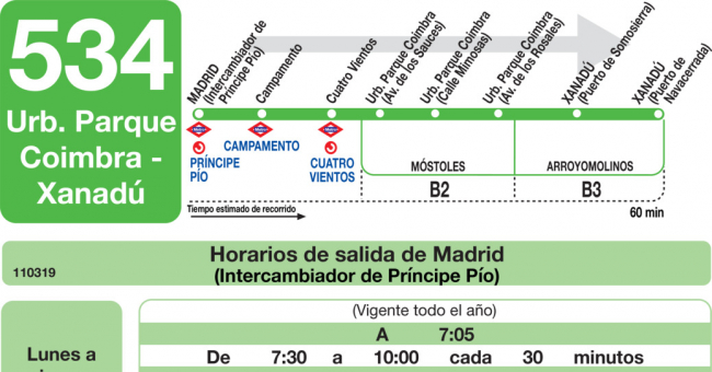 Tabla de horarios y frecuencias de paso en sentido ida Línea 534: Madrid (Principe Pío) - Urbanización Parque Coimbra - Xanadú