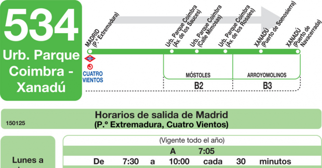 Tabla de horarios y frecuencias de paso en sentido ida Línea 534: Madrid (Principe Pío) - Urbanización Parque Coimbra - Xanadú