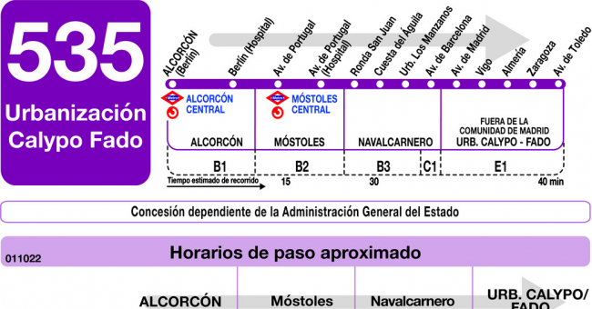 Tabla de horarios y frecuencias de paso en sentido ida Línea 535: Alcorcón (Alcorcón Central) - Urbanización Calypo Fado