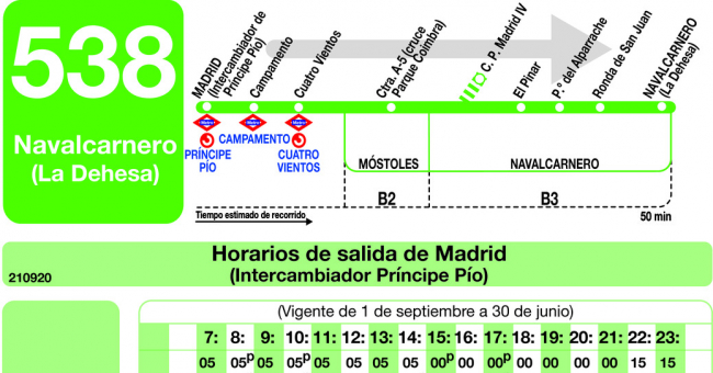 Tabla de horarios y frecuencias de paso en sentido ida Línea 538: Madrid (Príncipe Pío) - Navalcarnero (La Dehesa)