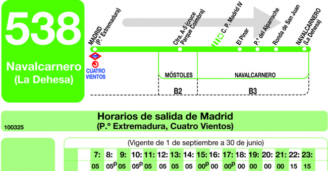 Tabla de horarios y frecuencias de paso en sentido ida Línea 538: Madrid (Príncipe Pío) - Navalcarnero (La Dehesa)