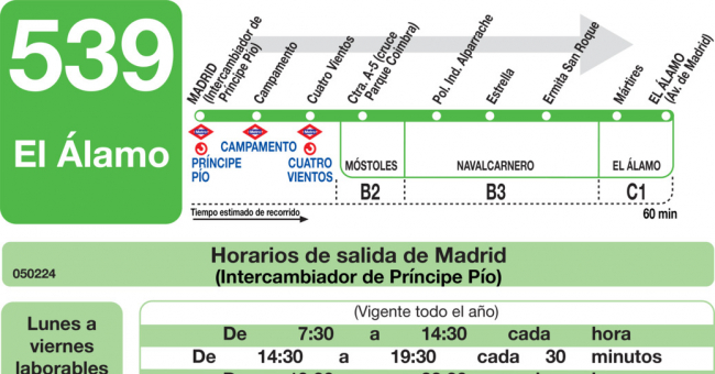 Tabla de horarios y frecuencias de paso en sentido ida Línea 539: Madrid (Príncipe Pïo) - El Álamo