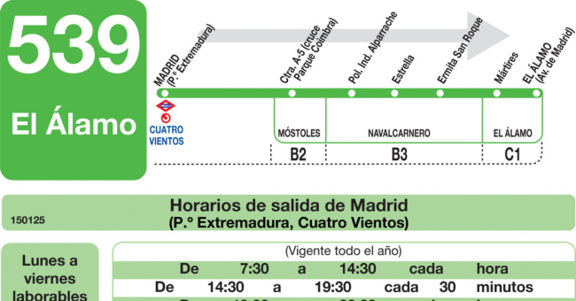 Tabla de horarios y frecuencias de paso en sentido ida Línea 539: Madrid (Príncipe Pïo) - El Álamo