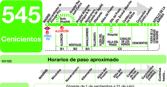 Tabla de horarios y frecuencias de paso en sentido ida Línea 545: Madrid (Príncipe Pío) - Cenicientos - Sotillo de la Adrada