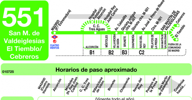 Tabla de horarios y frecuencias de paso en sentido ida Línea 551: Madrid (Príncipe Pío) - San Martín de Valdeiglesias - El Tiemblo - Cebreros