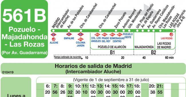 Tabla de horarios y frecuencias de paso en sentido ida Línea 561-B: Madrid (Aluche) - Pozuelo - Majadahonda - Rozas (Calle Guadarrama)