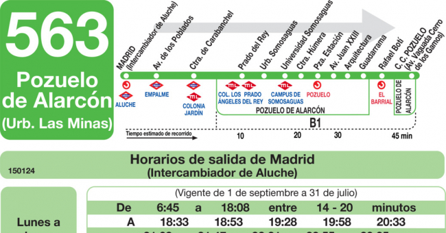 Tabla de horarios y frecuencias de paso en sentido ida Línea 563: Madrid (Aluche) - Pozuelo (Urbanización Las Minas)