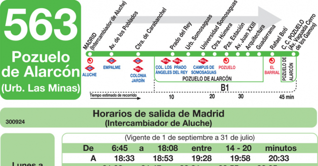 Tabla de horarios y frecuencias de paso en sentido ida Línea 563: Madrid (Aluche) - Pozuelo (Urbanización Las Minas)