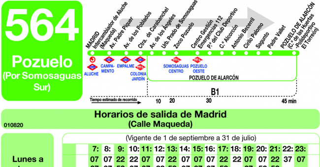 Tabla de horarios y frecuencias de paso en sentido ida Línea 564: Madrid (Aluche) - Pozuelo (Somosaguas Sur)