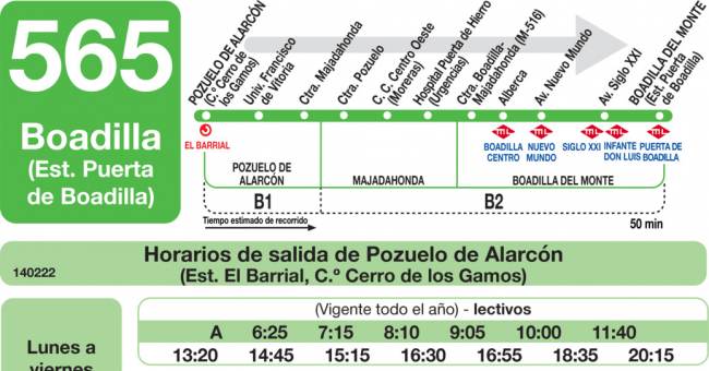Tabla de horarios y frecuencias de paso en sentido ida Línea 565: Boadilla (Puerta de Boadilla) - Majadahonda (RENFE)