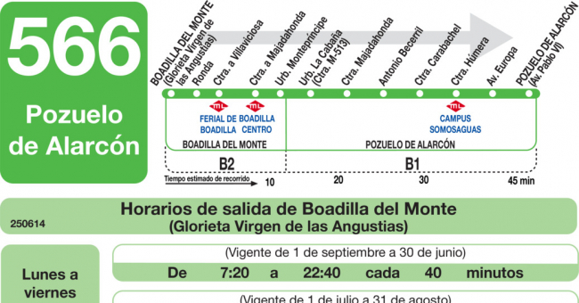 Tabla de horarios y frecuencias de paso en sentido ida Línea 566: Boadilla del Monte- Pozuelo de Alarcon