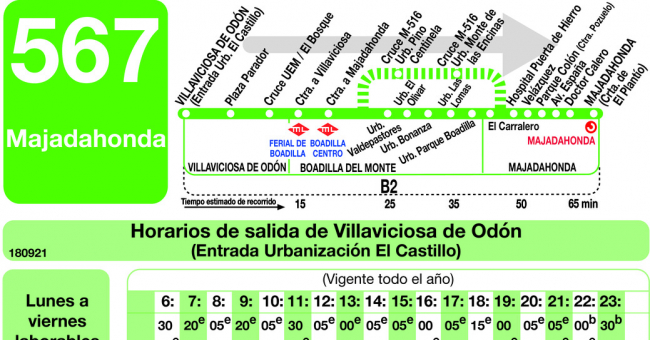 Tabla de horarios y frecuencias de paso en sentido ida Línea 567: Villaviciosa de Odón - Majadahonda