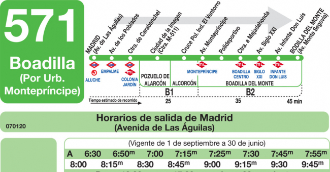 Tabla de horarios y frecuencias de paso en sentido ida Línea 571: Madrid (Aluche) - Boadilla (Urbanización Montepríncipe)