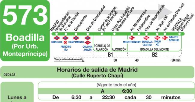 Tabla de horarios y frecuencias de paso en sentido ida Línea 573: Madrid (Moncloa) - Boadilla (Urbanización Monteprincipe)