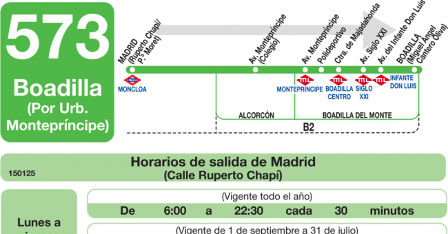 Tabla de horarios y frecuencias de paso en sentido ida Línea 573: Madrid (Moncloa) - Boadilla (Urbanización Monteprincipe)