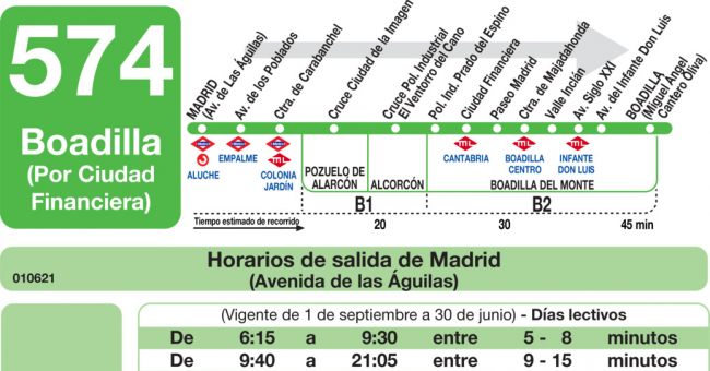 Tabla de horarios y frecuencias de paso en sentido ida Línea 574: Madrid (Aluche) - Boadilla del Monte (Ciudad Financiera)