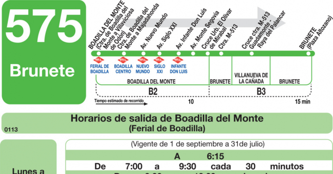 Tabla de horarios y frecuencias de paso en sentido ida Línea 575: Boadilla del Monte - Brunete