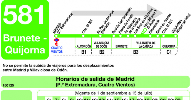 Tabla de horarios y frecuencias de paso en sentido ida Línea 581: Madrid (Príncipe Pío) - Brunete - Quijorna