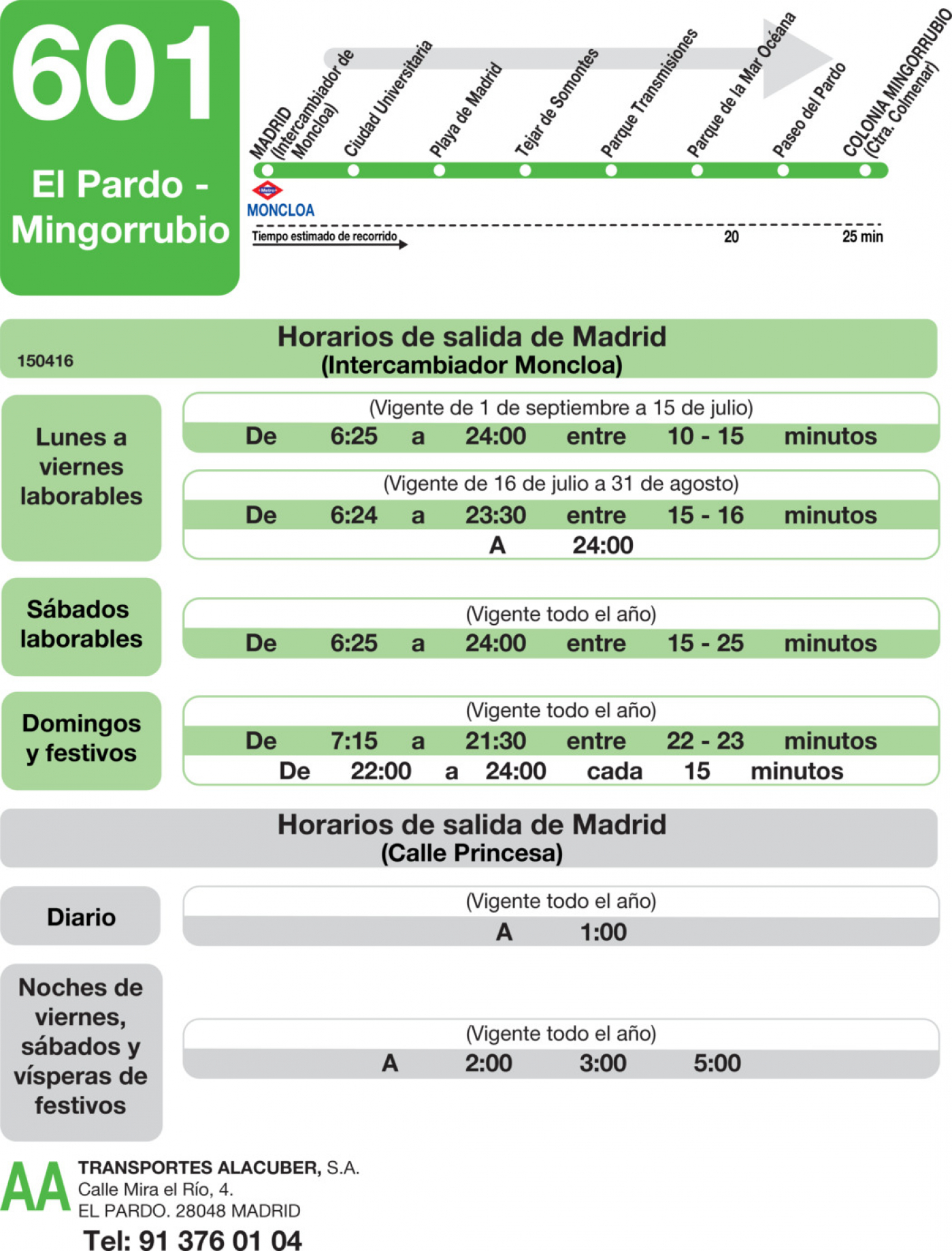 Horarios de autobús 601 Madrid (Moncloa) El Pardo Mingorrubio
