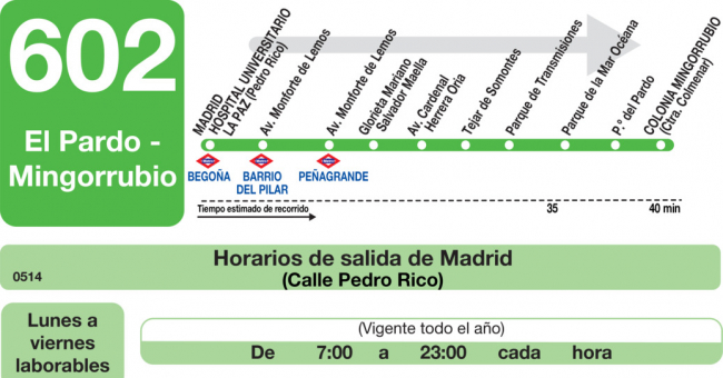 Tabla de horarios y frecuencias de paso en sentido ida Línea 602: Madrid (Hospital la Paz) - El Pardo - Mingorrubio